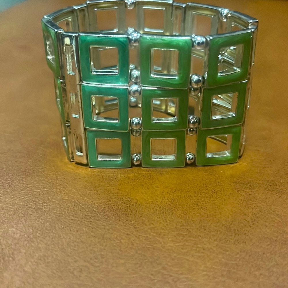 cuff bracelet with green anodized aluminum squares and silver tone